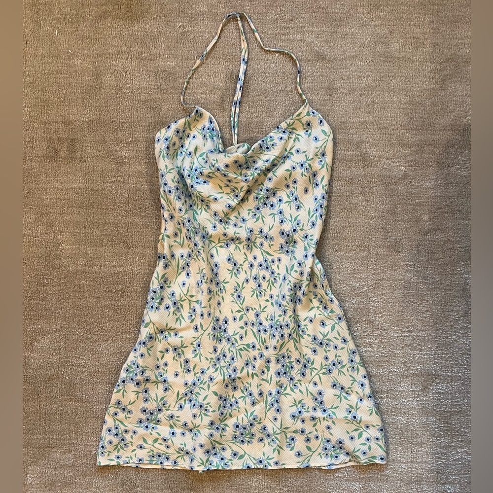 Zara Blue and Cream Floral Cowl Neck Mini Sundress